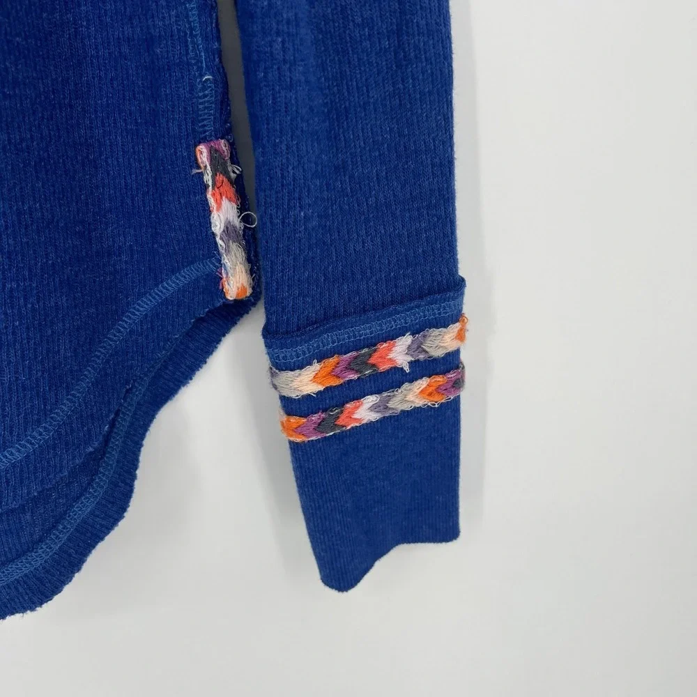 Free People Top Womens‎ S Thermal Henley Blue Embroidered Cuff Long Sleeve